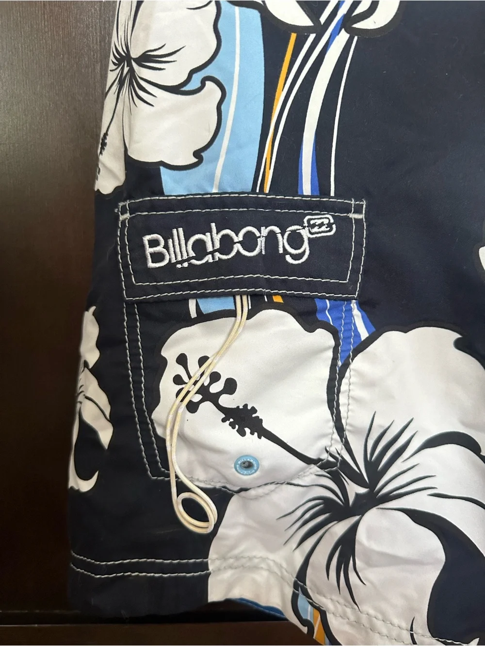 Billabong Swim Board Shorts with White Hibiscus and Blue Stripes